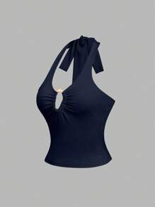 Sweetra Retro Sexy Deep V-Neck Metal Buckle Decor Halter Neck Top - Blue - View 3