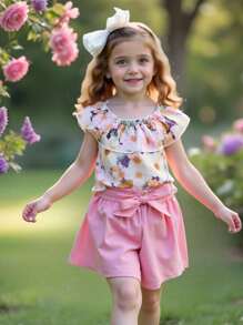 SHEIN Blusa Estampada Con Volantes Y Pantalones Cortos Con Cinturón Para Bebé Niña - Multicolor - Ver 1