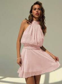 Aloruh Women Elegant Solid Color Halter Mini Dress, Summer - Baby Pink - View 5