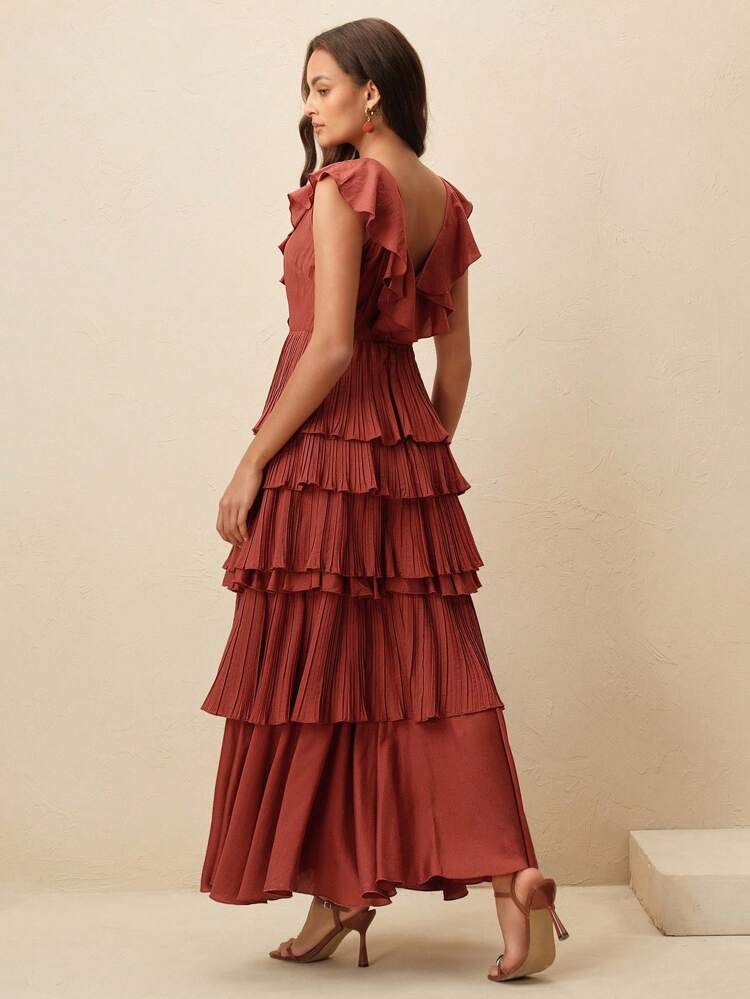 Women's New Burgundy Ruffle-Hem Long Tencel Dress, Elegant Sleeveless Dress