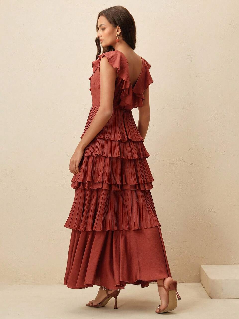 Women's New Burgundy Ruffle-Hem Long Tencel Dress, Elegant Sleeveless Dress