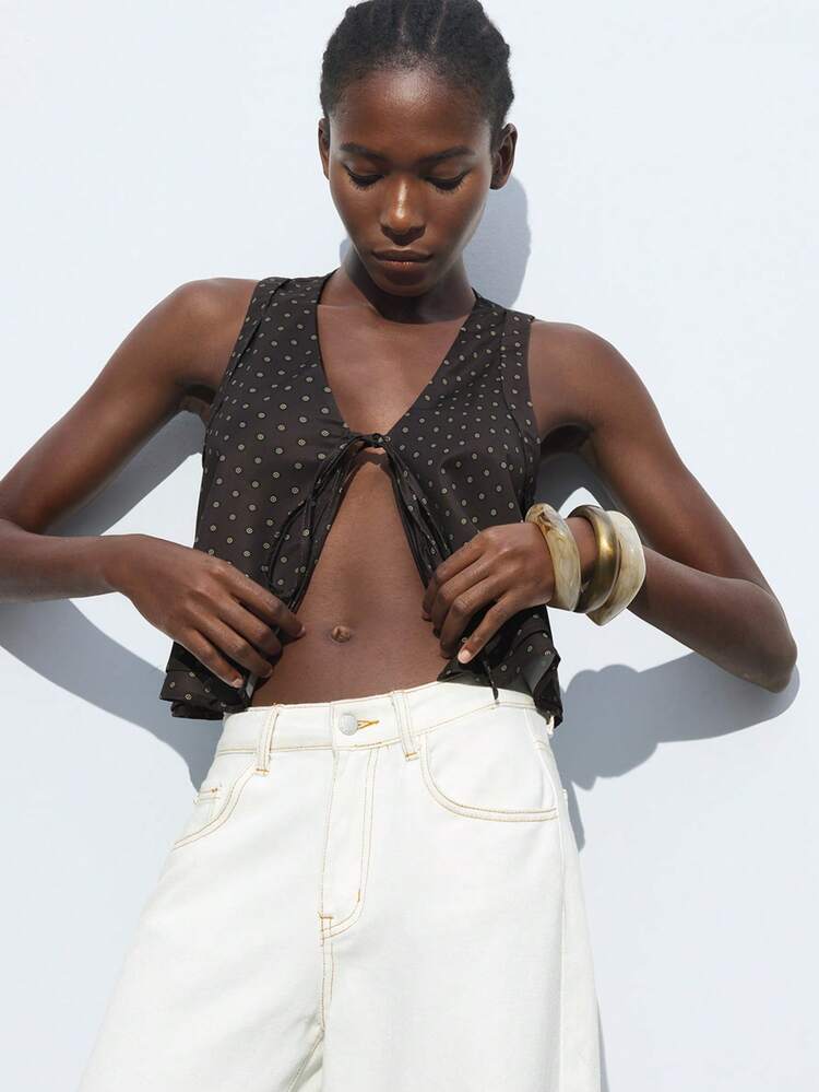 SHEIN Maija Women's All-Over Print V-Neck Knotted Front Casual Versatile Tank Top, Summer