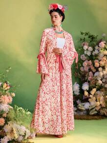 Frida Kahlo X SHEIN X Designer The Perfect Party Floral Print Contrast Bow Flared Long Sleeves Women Blouse Summer Vacation Beach Kimono - Multicolor - View 7