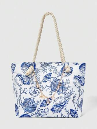 Fairycore Bolso de playa de gran capacidad con estampado de conchas, bolso de hombro para vacaciones informales