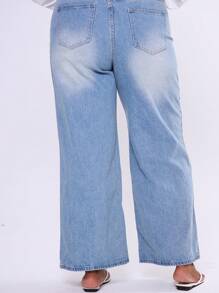 SHEIN Unity Plus Size High Rise Wide Leg Washed Jeans Summer Vacation Holiday Curve Sexy 90's - Blue - View 4
