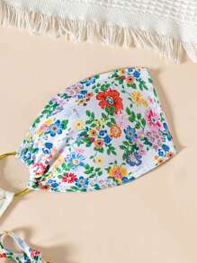 SHEIN Swim Women's 2-Piece Floral Print Patchwork Ring Tie Bandeau Bikini Set For Summer Beach Vacation - Multicolor - View 5