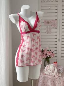 SHEIN 2pcs Lovely Pink Butterfly Print Mesh & Lace Splice High Slit Color Block Sexy Nightgown, Bridal Gift, Bachelorette Party - Pink - View 4