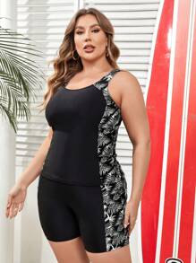 Swim Lushoire Plus Size Women Random Tropical Plant Print Tankini Swimwear Set For Summer Beach Vacation - Grey - View 5