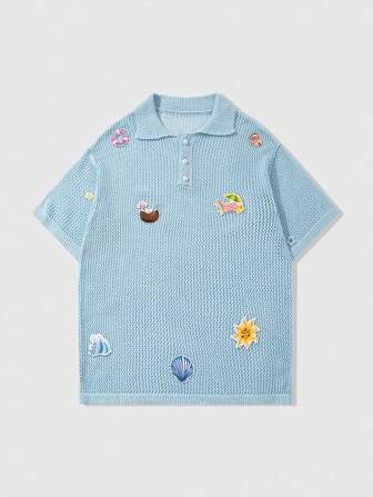 Street Life Men's Floral Embroidery Half Open Collar Short Sleeve Cute Knit Top, Summer Vacation