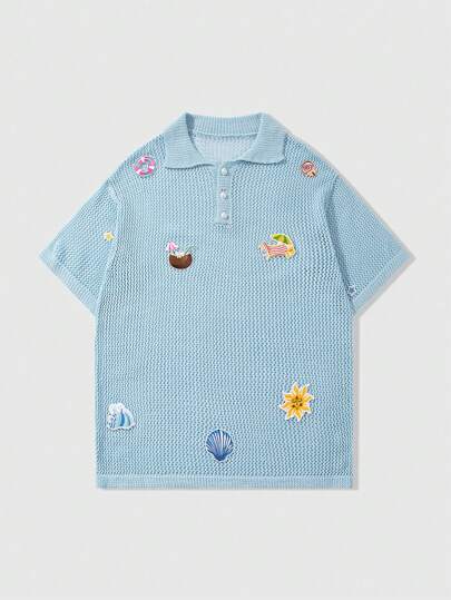 Street Life Men's Floral Embroidery Half Open Collar Short Sleeve Cute Knit Top, Summer Vacation