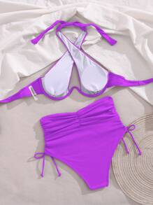 SHEIN Swim 女款素色鏤空掛脖綁帶性感比基尼泳衣套裝，附鋼圈，適合夏季海灘 - 紫色 - 查看 7