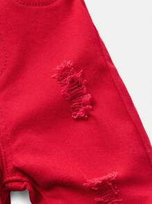 SHEIN 男婴 2 件套白色休闲可爱破洞磨边翻领长袖牛仔夹克和高弹力紧身蓝色牛仔裤，适合男婴秋装和户外服装