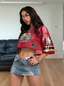 Coolane 女士夏季V领宽松字母印花短袖休闲T恤 - 紅色 - 查看 5