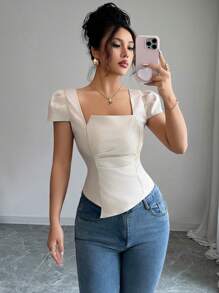 Elenzga 女士优雅夏日度假衬衫 - 杏色 - 查看 3