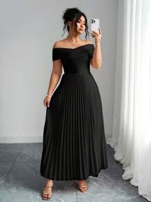 SHEIN PETITE 加大码黑色褶皱露肩褶皱设计露肩生日礼服，夏季女士服装，优雅正式婚礼宾客礼服