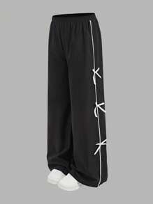 SHEIN Girlism Conjunto informal de 2 piezas para niñas preadolescentes con camiseta holgada de manga larga con estampado y pantalones con detalle de lazo a los lados - Blanco y Negro - Ver 6