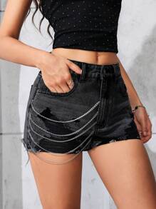 SHEIN EZwear Shorts vaqueros casuales de verano con bolsillos y decoración de cadena rota - Gris - Ver 4