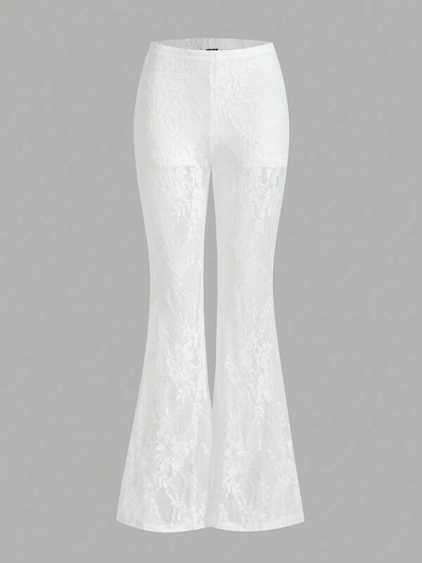 SHEIN ICON Women's Y2k Sexy Western Wear Women Low Waist Lace Flared Leg Pants, Elegant & Fashionable,Fall Women Clothes