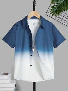 SHEIN Camicia a maniche corte con bottoni e stampa a gradiente, stile vacanziero per ragazzi pre-adolescenti