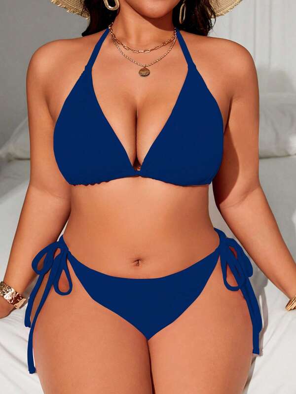 Swim Lushoire Set de costume de baie bikini sexy pentru femei de mărime mare, culoare solidă, cu halter și cravată, de vară, pentru plajă