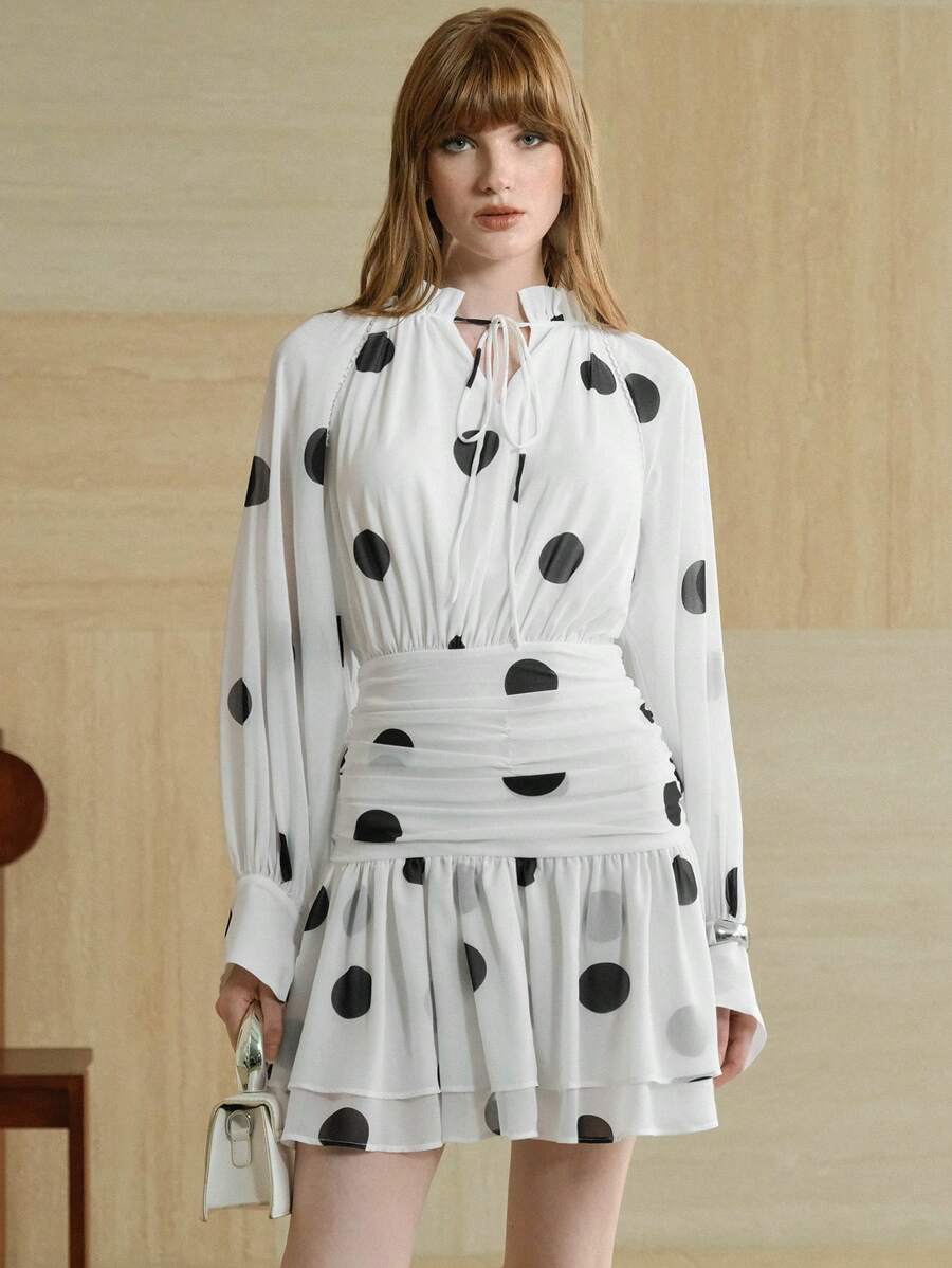 Aveloria Women's Short Style Big Wave Polka Dot Waist Slimming Chiffon Dress Simple Elegant Dress Cute Style Long Sleeved Dress White Autumn Women's Clothing, All White Party Outfit Women Fall Cloth For Women - White - View 1