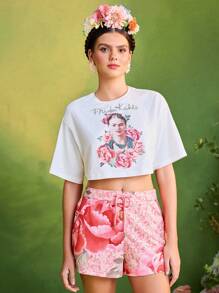 Frida Kahlo X SHEIN X Designer TIYA Conjunto informal de verano para mujer con camiseta elegante y pantalones cortos estampado floral rosado