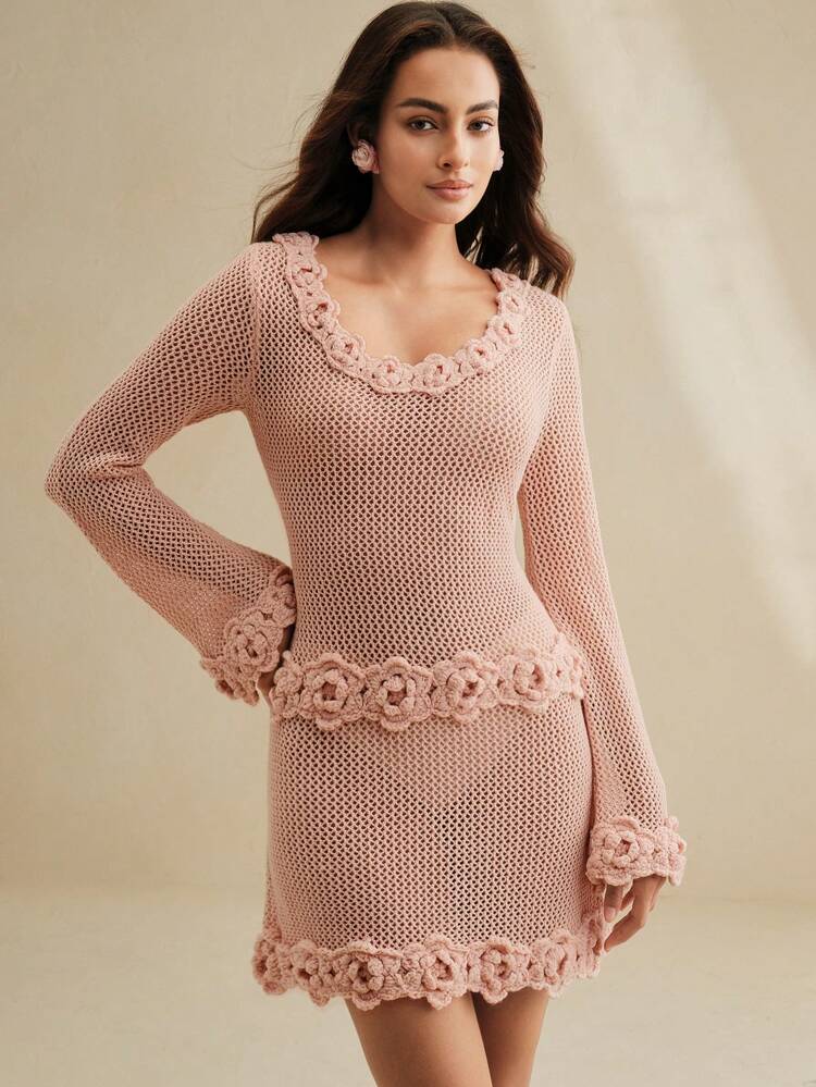 Women's Elegant Vacation Fitted Hand-Crocheted Rose Pink Hollow-Out Knit Cover-Up Dress For Summer