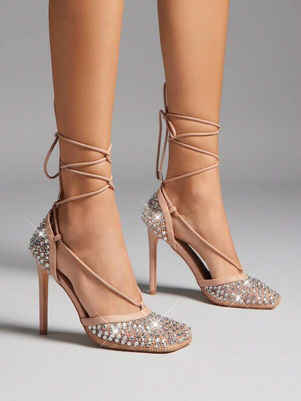 SHUZIA Women Diamante Decor Crossing Ankle Strap Squared Toe Stiletto Everyday Sexy Elegant PU Nude Pumps
