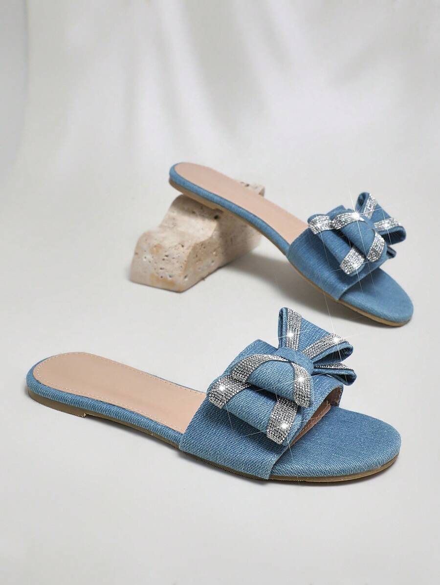 SHUZIA Women's Fashion Rhinestone Detail Bow Decor Flat Sandals - Blue - View 1