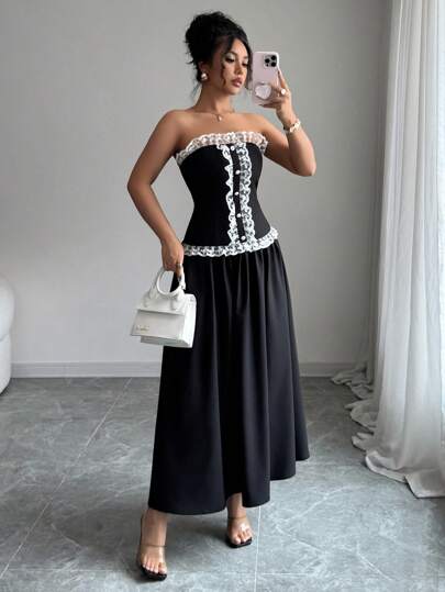 Elenzga Vestido elegante de mujer con volantes, bloques de color, estilo vintage y cintura ceñida, adecuado para festivales de música, graduación, carreras, compras, citas, fiestas y otras ocasiones