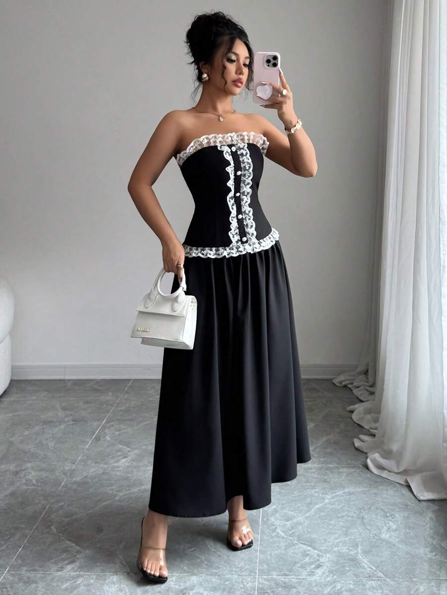 Elenzga Women's Elegant Ruffle Trim Colorblock Vintage Luxurious Bandeau Waisted Dress, Suitable For Music Festival, Graduation, Race, Shopping, Date, Party And Other Occasions