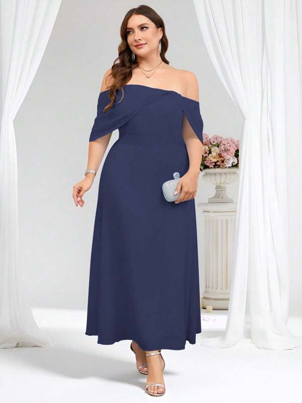 Coutiva Plus Size Solid Color Backless Off Shoulder Elegant Dress