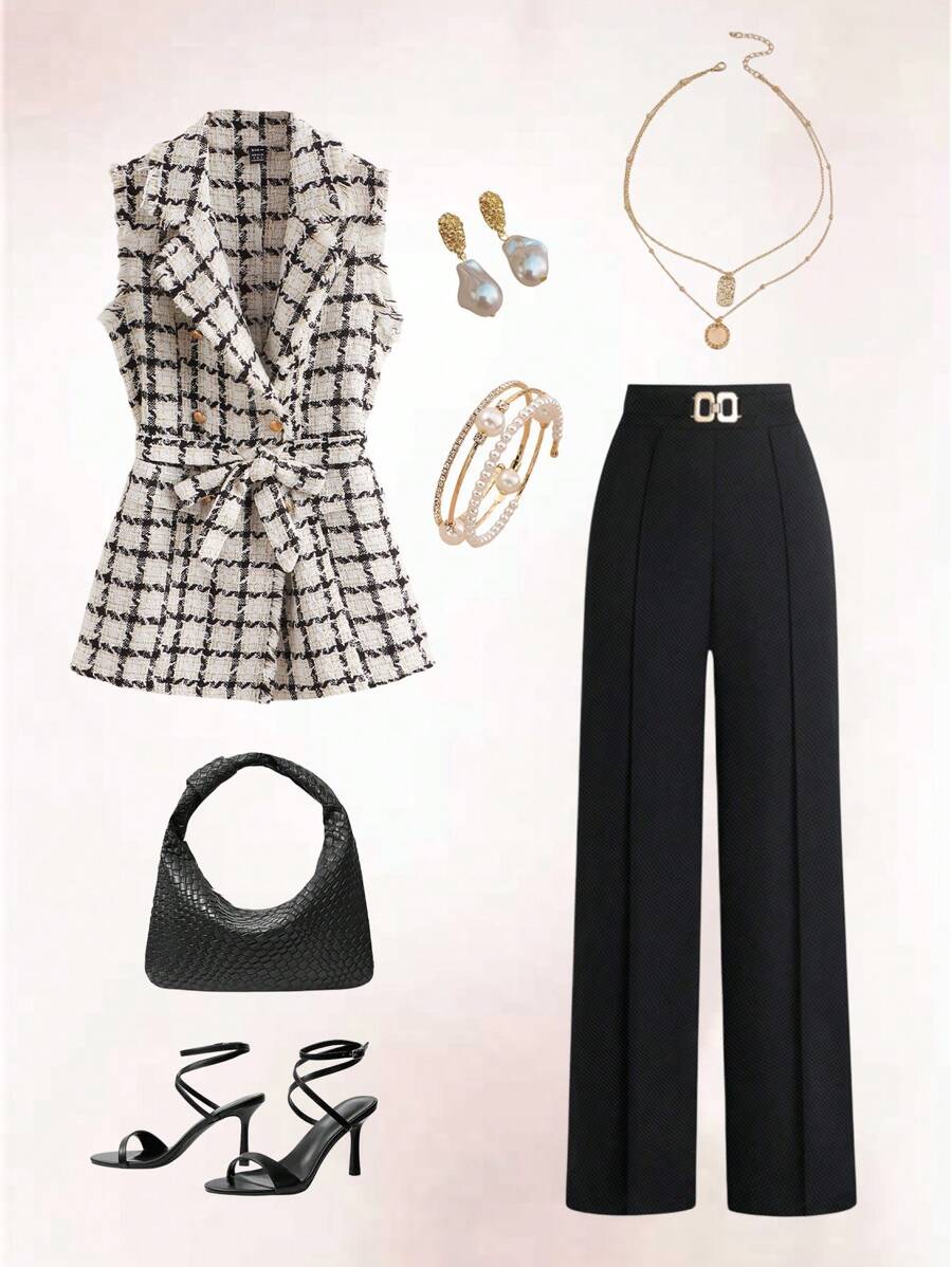 Ellevyn Plaid Pattern Raw Trim Belted Tweed Vest Overcoat In Fall/Winter - Multicolor - View 1