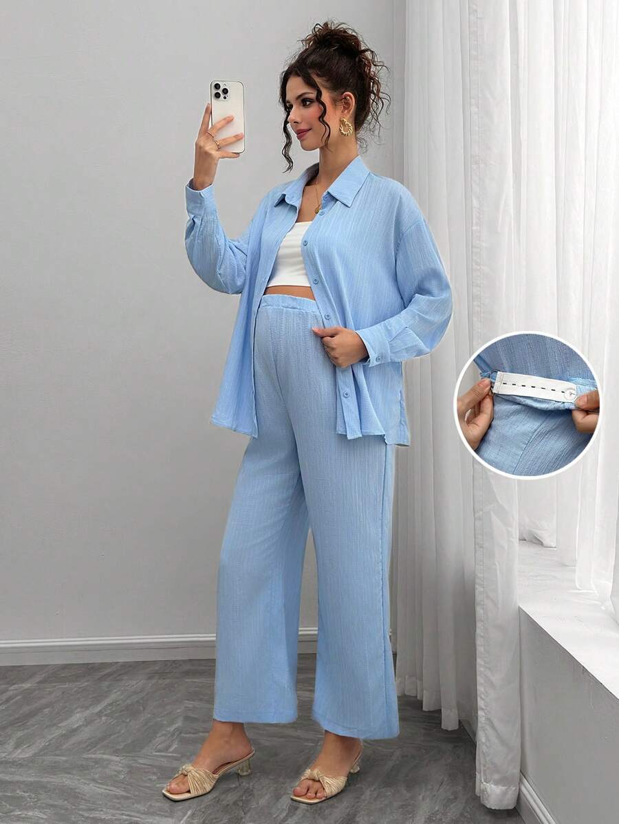 SHEIN Set de 2 piezas de top de manga larga y pantalones color azul cielo para maternidad, de tela texturizada - Azul - Ver 1