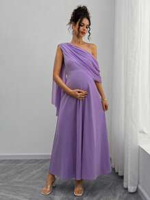 Momance French Elegant Chiffon Asymmetrical Ruffle Off-Shoulder Maternity Dress, Stylish For Everyday Wear - Purple - View 3