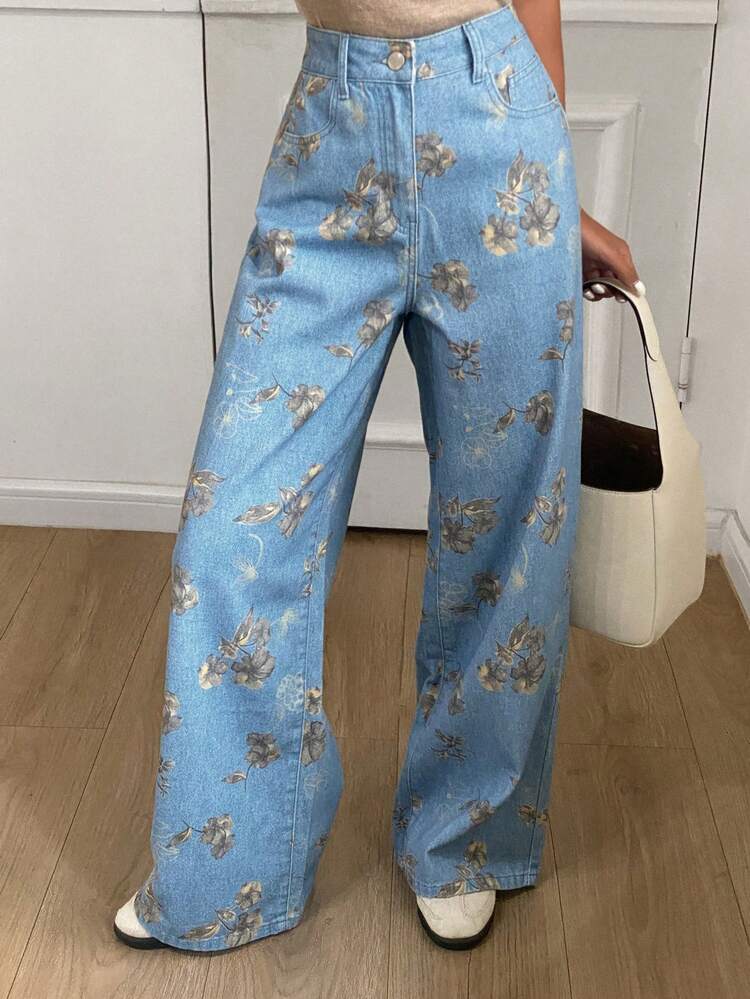 Loose Floral Print Wide Leg Long Denim Jeans, All Season