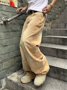 Manfinity EMRG Men's Long Khaki Denim Stacked Wide Leg Jeans Avant-Garde Street Style With Chain Accent