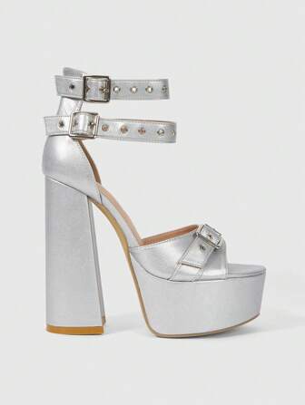 Grunge Punk Outdoor Women Round Toe Block High Heel Waterproof Platform PU Leather Fashion Sexy White Buckle Strap Sandals