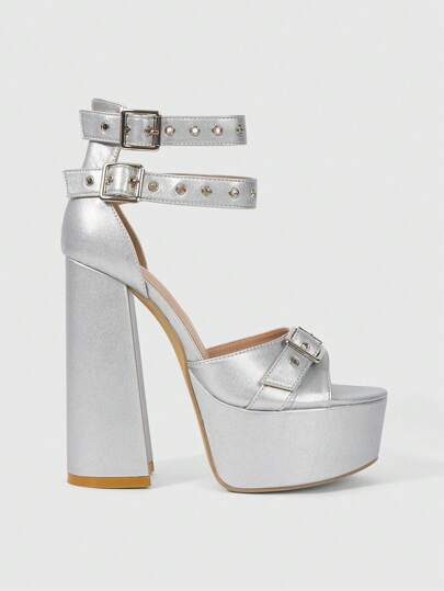 Grunge Punk Outdoor Women Round Toe Block High Heel Waterproof Platform PU Leather Fashion Sexy White Buckle Strap Sandals