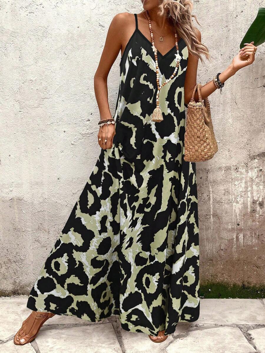 Breezaya 女士豹纹无袖连衣裙，休闲度假长裙，度假海滩装 - 軍綠色 - 查看 1