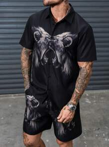 Manfinity LEGND Conjunto de camisa de manga corta con estampado de león y shorts de verano para hombre