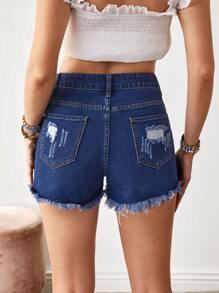 女士休闲时尚纽扣磨损下摆牛仔短裤