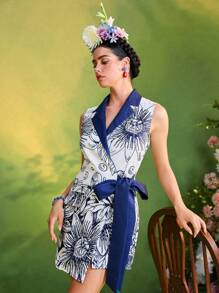 Israel Jasso Frida Kahlo X SHEIN X Designer Floral Print Asymmetric Tailored Short Dress With Contrast Lapels For Women Summer Outfit - Multicolor - View 4
