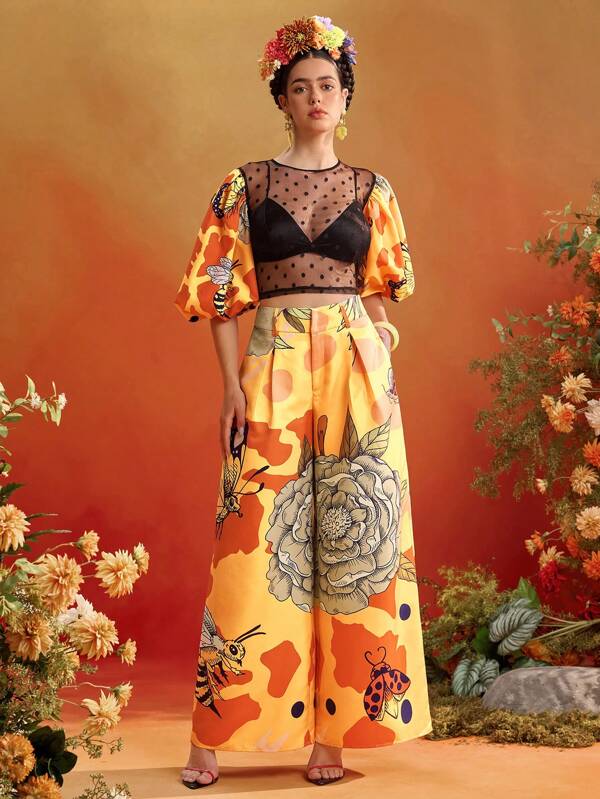 Frida Kahlo X SHEIN X Designer ISELACOS 花鳥柄 プリーツワイドレッグ フロアレングスパンツ、レディースサマーアウトフィット