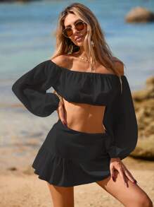 Swim Vcay 2件套女士夏季海滩纯色荷叶边罩衫套装 - 黑色 - 查看 3