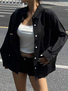 DAZY 女式长袖单排扣休闲宽松牛仔衬衫 - 黑色 - 查看 4