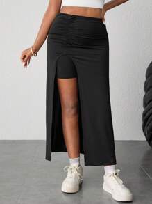 SHEIN Gonna plissettata nera casual personalizzata in maglia per ragazze adolescenti, in un colore tinta unita, con spacco laterale, arricciata, gonna midi aderente senza fodera, adatta per la primavera/autunno, per uso casual quotidiano