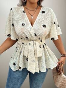 Flouryn 大碼花卉印花鬆緊腰衣，帶開口細節，夏季 - 杏色 - 查看 3