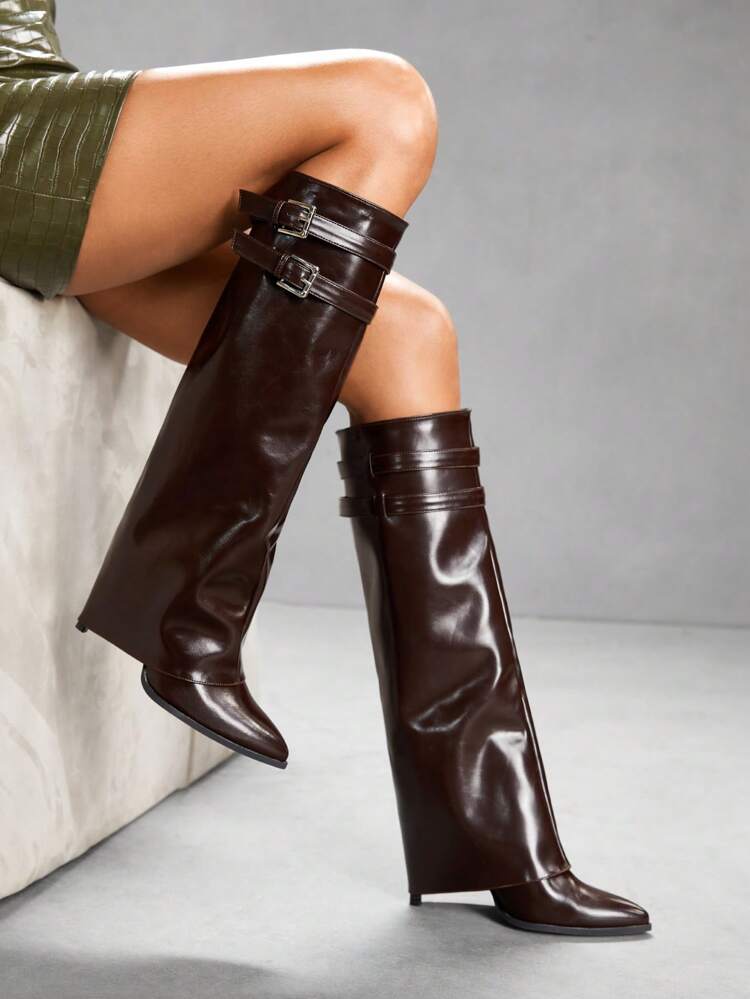CUCCOO SZL Fashionable Coffee Brown Pant Boots, Pointed Toe High Shaft Slim Heel Over-The-Knee Sexy Ladies' Riding Boots For Christmas