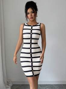 Elenzga Women's Elegant Striped Sleeveless Slim-Fit Mini Bodycon Dress, Summer